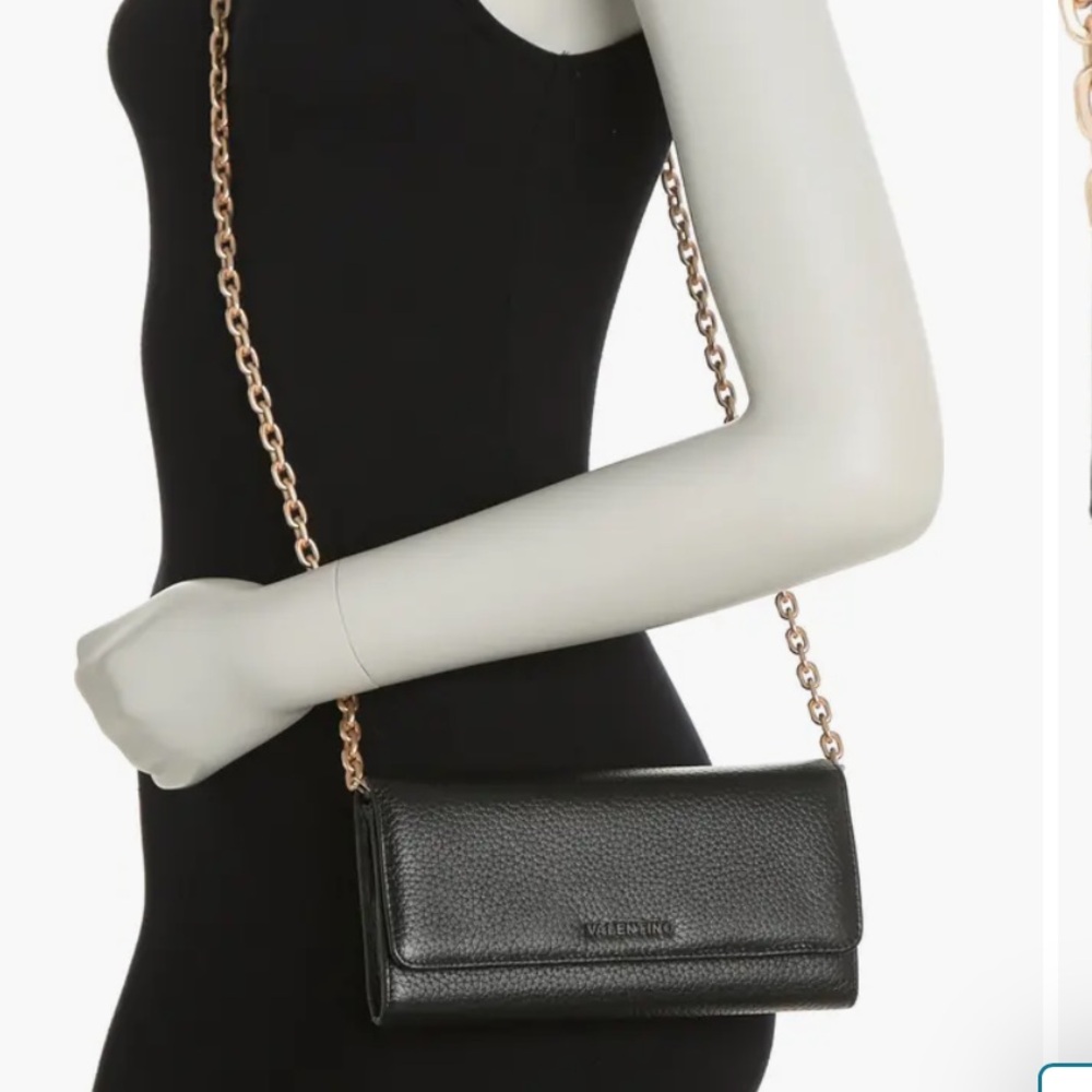 VALENTINO By Mario Valentino Juniper Black Pebble Leather Wallet On Chain NWT